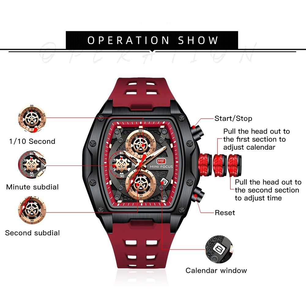 Watches for Men Luxury Skeleton Tonneau Watch for Men Waterproof Adjustable Silicone Strap Steampunk Style Chronograph Calendar Date Business Luminous Cool Large Square Face Wristwatch