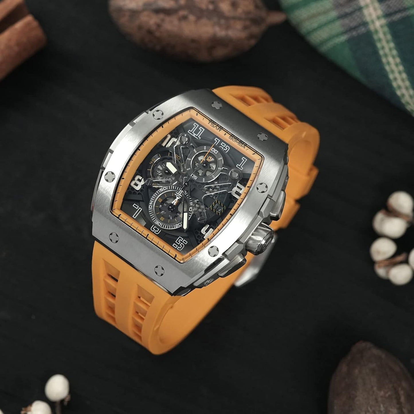 TSAR BOMBA Mens Watches Luxury Tonneau Watches for Men Waterproof 50M Analog Watch Chronograph Calendar Date Men’s Dress Business Work Watch Diver Large Square Face Wristwatch