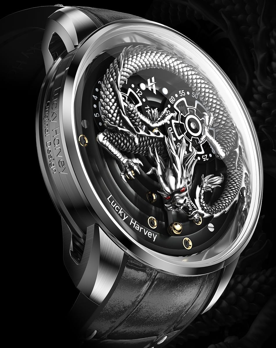 Men's Mechanical Automatic Watch 24K Gold 3D Dragon Dial Skeleton Watch Luminous Waterproof Luxury Men's Wristwatch Popular, green