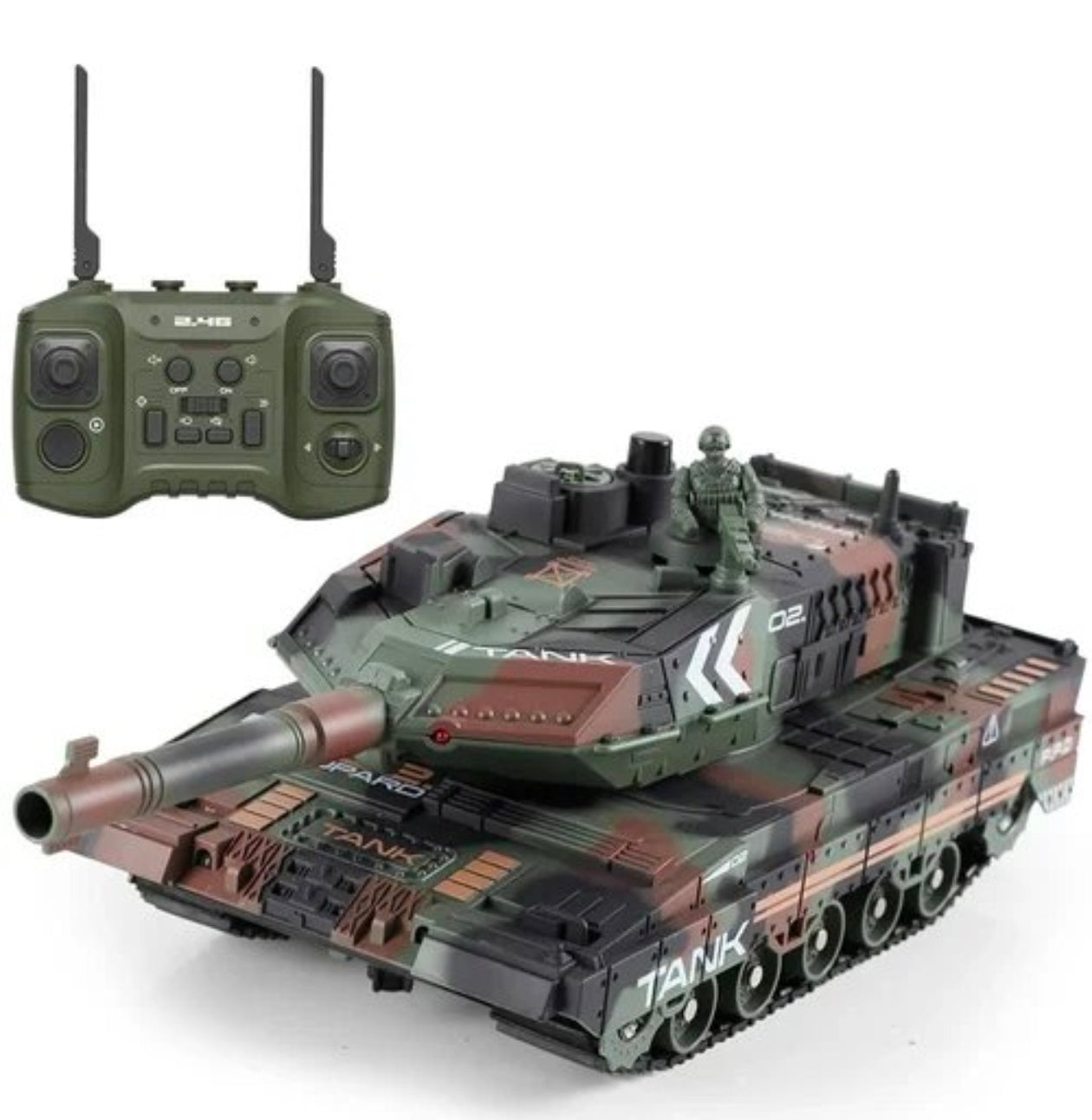 Army Tank with 360°Rotating Turret, Auto Demo, Sound & Smoke & Light, Military Vehicle remote control