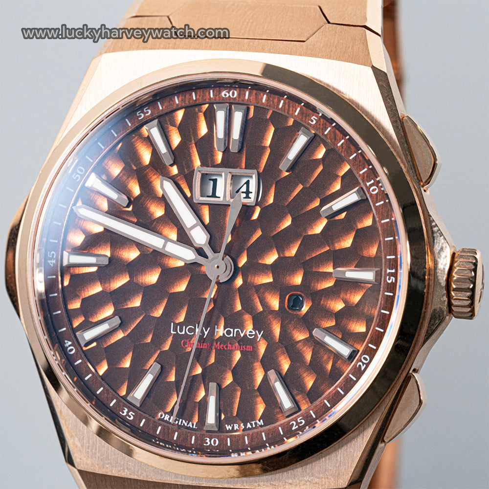 【Limited Edition 300pcs】Hammer Dial Big Date Automatic Winding Gold Brown Chiming Watch Lucky Harvey