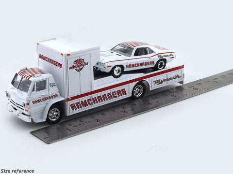 1966 Dodge L600 COE “RAMCHARGERS”  & 1971 Plymouth HEMI CUDA 1:64 M2 Machines diecast hauler scale model