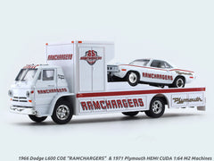 1966 Dodge L600 COE “RAMCHARGERS”  & 1971 Plymouth HEMI CUDA 1:64 M2 Machines diecast hauler scale model