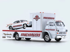 1966 Dodge L600 COE “RAMCHARGERS”  & 1971 Plymouth HEMI CUDA 1:64 M2 Machines diecast hauler scale model