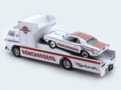 1966 Dodge L600 COE “RAMCHARGERS”  & 1971 Plymouth HEMI CUDA 1:64 M2 Machines diecast hauler scale model