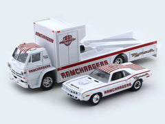 1966 Dodge L600 COE “RAMCHARGERS”  & 1971 Plymouth HEMI CUDA 1:64 M2 Machines diecast hauler scale model