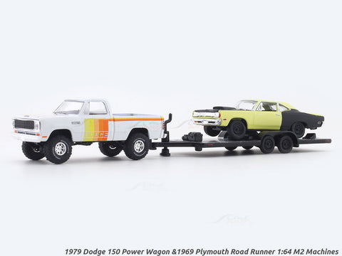1979 Dodge 150 Power Wagon & 1969 Plymouth Road Runner 1:64 M2 Machines diecast hauler scale model