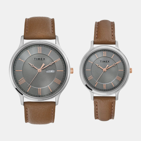 Classics Couple Quartz Grey Dial Analog Leather Watch TW00PR300