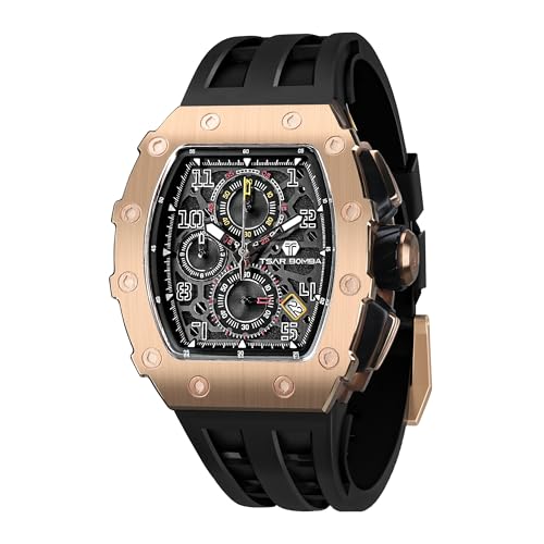 TSAR BOMBA Mens Watches Luxury Tonneau Watches for Men Waterproof 50M Analog Watch Chronograph Calendar Date Men’s Dress Business Work Watch Diver Large Square Face Wristwatch