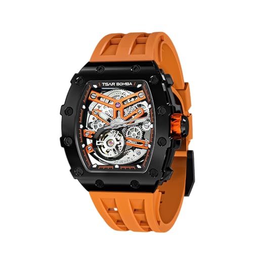 TSAR BOMBA Men's Automatic Watch Tonneau Luxury Skeleton Watches for Men Mechanical 50M Waterproof Analogue Watches Mens Unique Cool Silver Square Big Face Dial Wristwatch with Silicone Strap Band