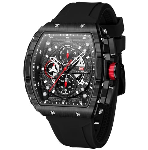 Watches for Men Luxury Skeleton Tonneau Watch for Men Waterproof Adjustable Silicone Strap Steampunk Style Chronograph Calendar Date Business Luminous Cool Large Square Face Wristwatch