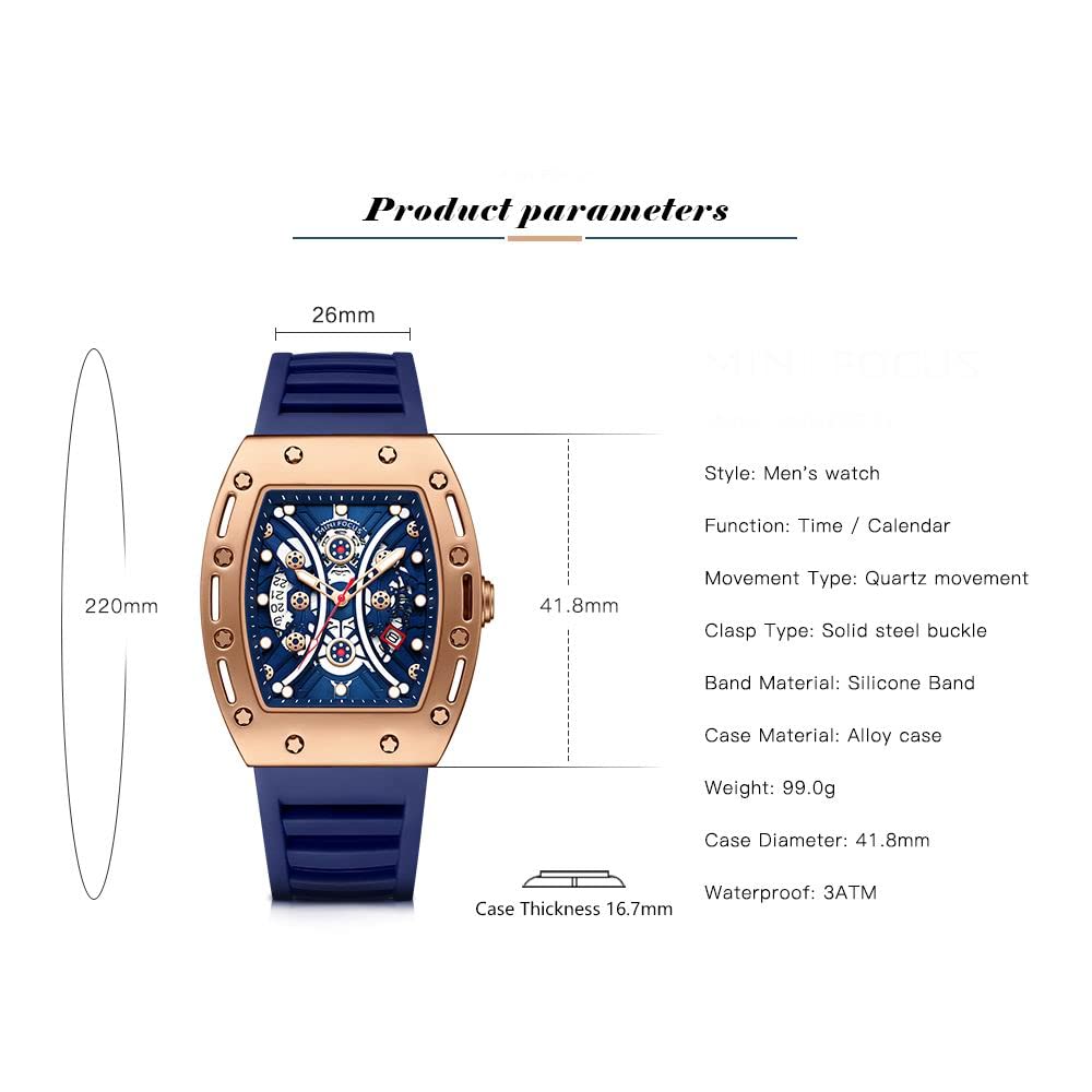 Watches for Men Luxury Skeleton Tonneau Watch for Men Waterproof Adjustable Silicone Strap Steampunk Style Chronograph Calendar Date Business Luminous Cool Large Square Face Wristwatch