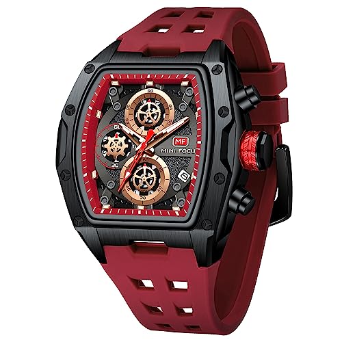 Watches for Men Luxury Skeleton Tonneau Watch for Men Waterproof Adjustable Silicone Strap Steampunk Style Chronograph Calendar Date Business Luminous Cool Large Square Face Wristwatch