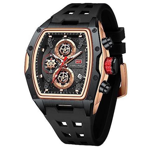 Watches for Men Luxury Skeleton Tonneau Watch for Men Waterproof Adjustable Silicone Strap Steampunk Style Chronograph Calendar Date Business Luminous Cool Large Square Face Wristwatch