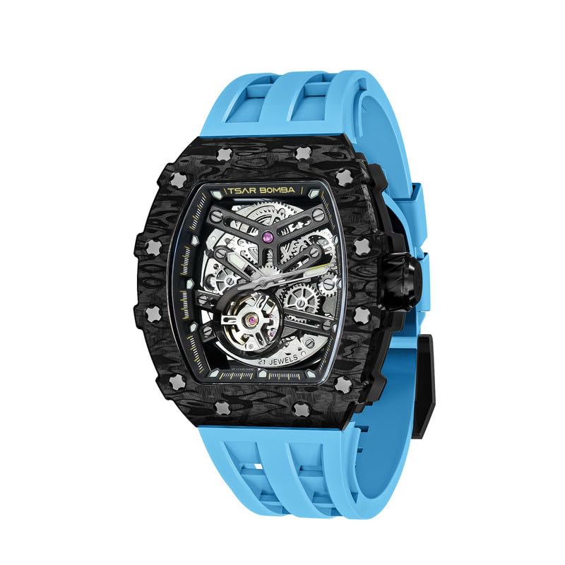TSAR BOMBA Men's Automatic Watch Tonneau Luxury Skeleton Watches for Men Mechanical 50M Waterproof Analogue Watches Mens Unique Cool Silver Square Big Face Dial Wristwatch with Silicone Strap Band