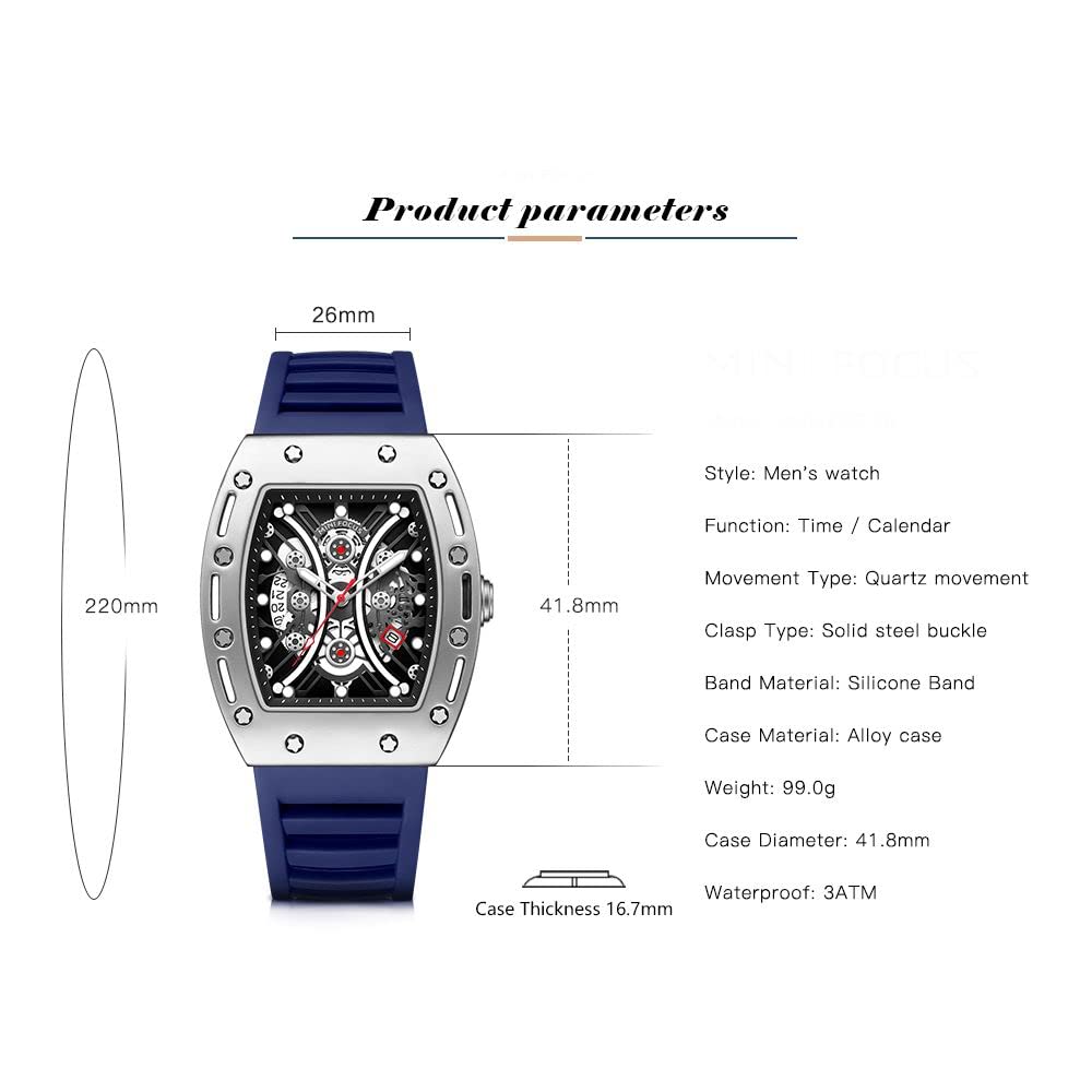 Watches for Men Luxury Skeleton Tonneau Watch for Men Waterproof Adjustable Silicone Strap Steampunk Style Chronograph Calendar Date Business Luminous Cool Large Square Face Wristwatch