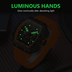 Watches for Men Luxury Skeleton Tonneau Watch for Men Waterproof Adjustable Silicone Strap Steampunk Style Chronograph Calendar Date Business Luminous Cool Large Square Face Wristwatch