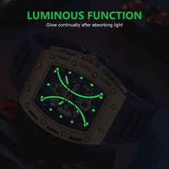 Watches for Men Luxury Skeleton Tonneau Watch for Men Waterproof Adjustable Silicone Strap Steampunk Style Chronograph Calendar Date Business Luminous Cool Large Square Face Wristwatch