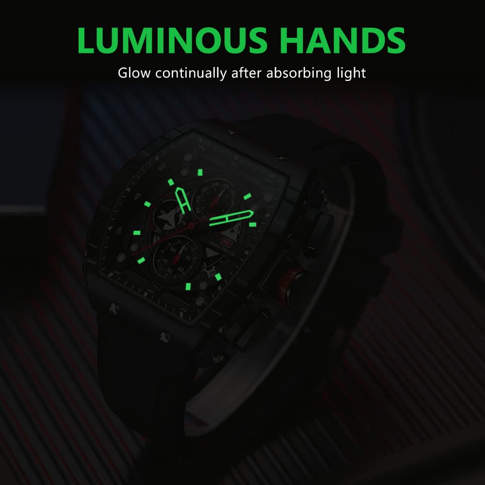 Watches for Men Luxury Skeleton Tonneau Watch for Men Waterproof Adjustable Silicone Strap Steampunk Style Chronograph Calendar Date Business Luminous Cool Large Square Face Wristwatch