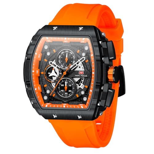 Watches for Men Luxury Skeleton Tonneau Watch for Men Waterproof Adjustable Silicone Strap Steampunk Style Chronograph Calendar Date Business Luminous Cool Large Square Face Wristwatch