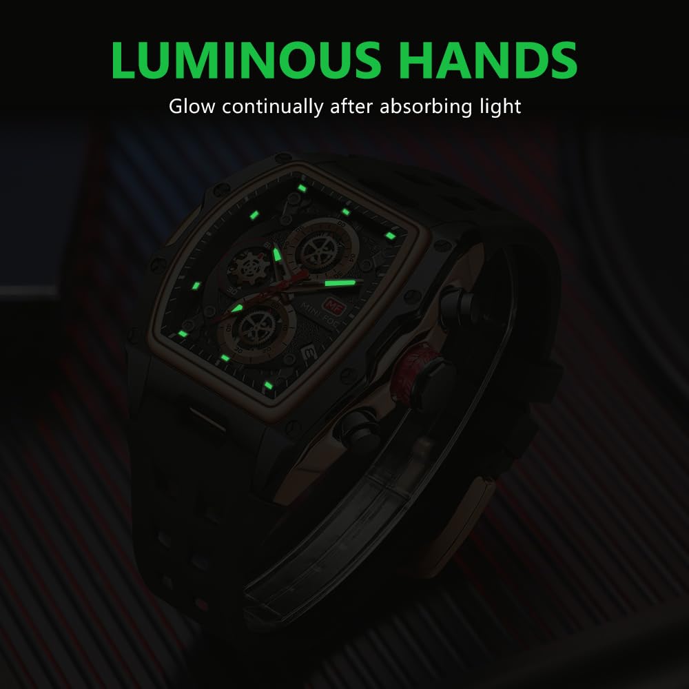 Watches for Men Luxury Skeleton Tonneau Watch for Men Waterproof Adjustable Silicone Strap Steampunk Style Chronograph Calendar Date Business Luminous Cool Large Square Face Wristwatch