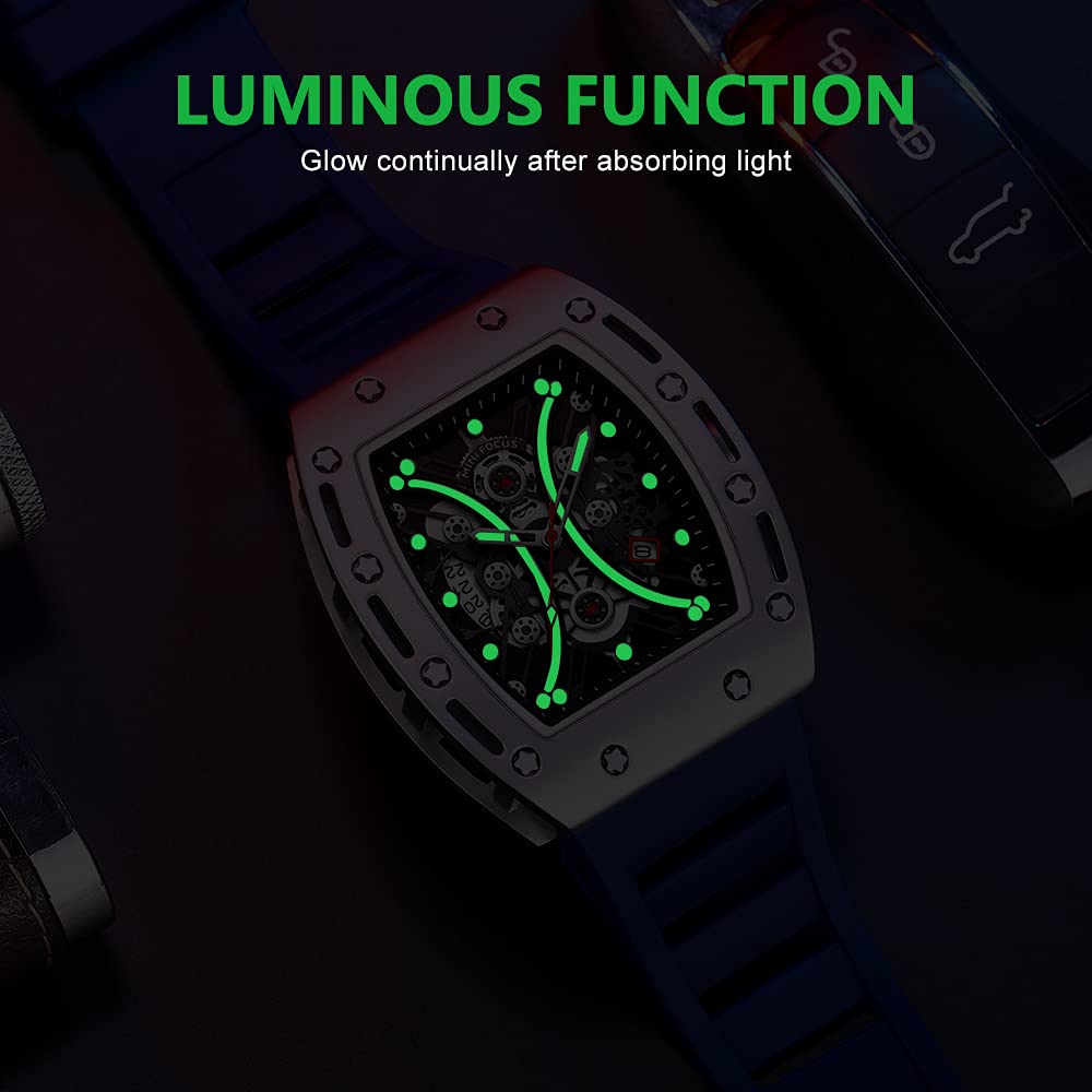 Watches for Men Luxury Skeleton Tonneau Watch for Men Waterproof Adjustable Silicone Strap Steampunk Style Chronograph Calendar Date Business Luminous Cool Large Square Face Wristwatch