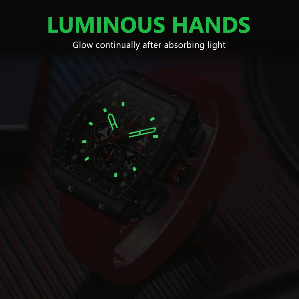 Watches for Men Luxury Skeleton Tonneau Watch for Men Waterproof Adjustable Silicone Strap Steampunk Style Chronograph Calendar Date Business Luminous Cool Large Square Face Wristwatch