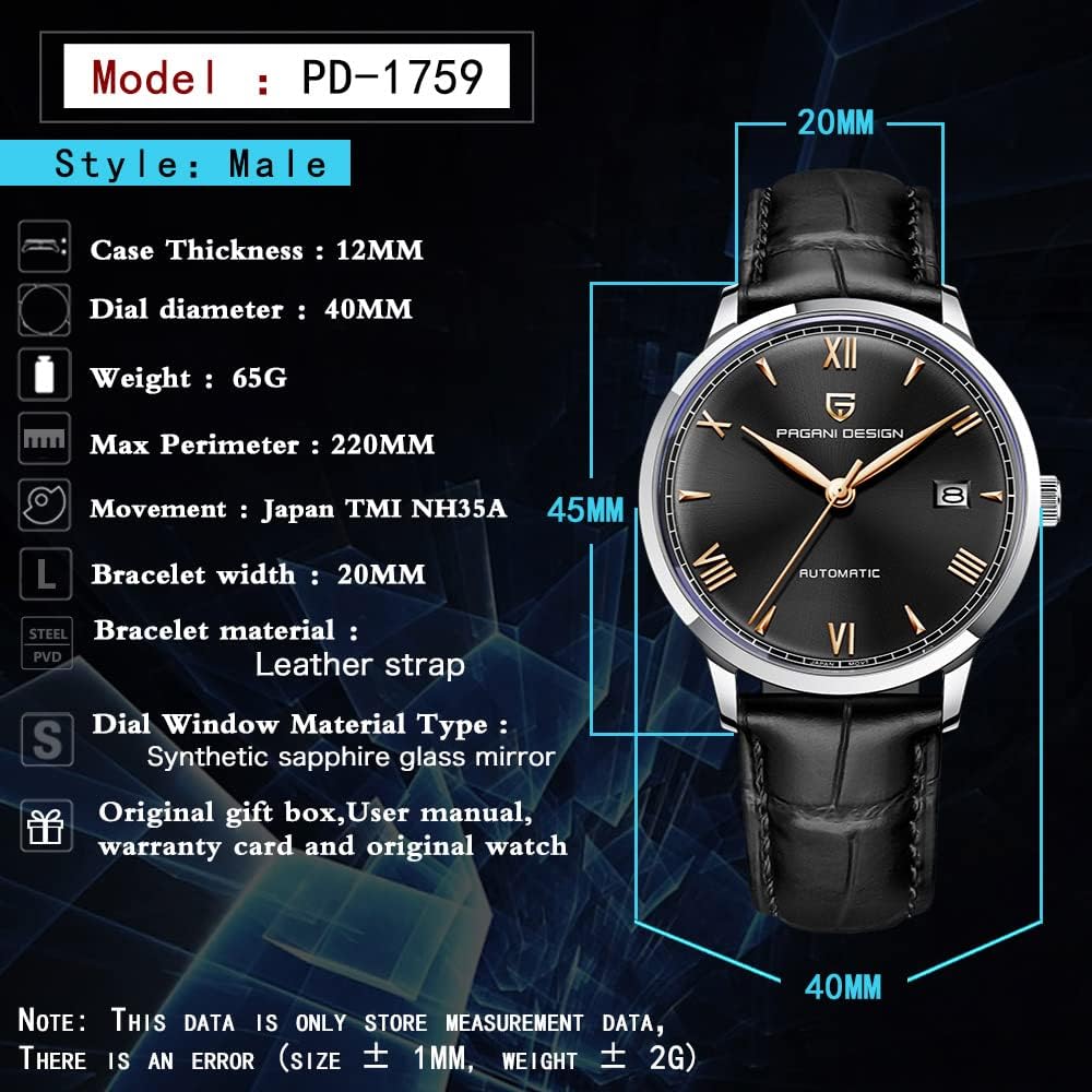 Pagani Design 1759 Automatic Men's Watches Fashion Dress Self-Winding Watch Leather Strap 100 m Waterproof Casual Style