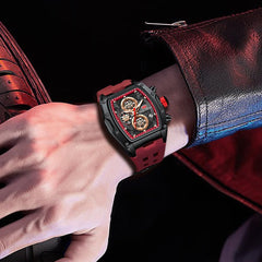 Watches for Men Luxury Skeleton Tonneau Watch for Men Waterproof Adjustable Silicone Strap Steampunk Style Chronograph Calendar Date Business Luminous Cool Large Square Face Wristwatch