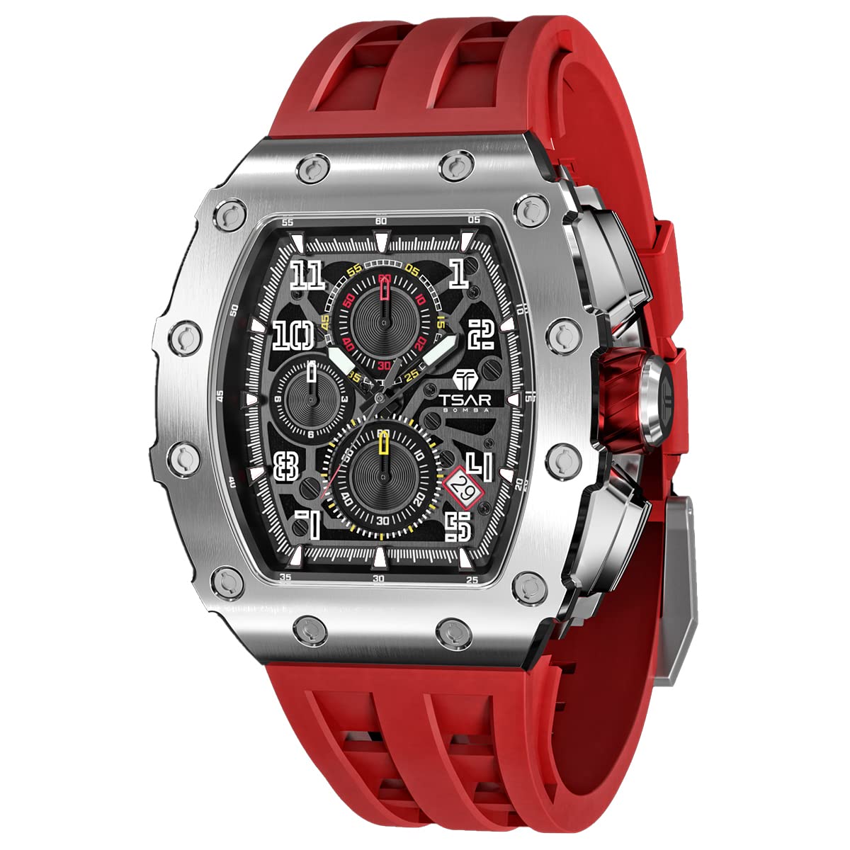 TSAR BOMBA Mens Watches Luxury Tonneau Watches for Men Waterproof 50M Analog Watch Chronograph Calendar Date Men’s Dress Business Work Watch Diver Large Square Face Wristwatch