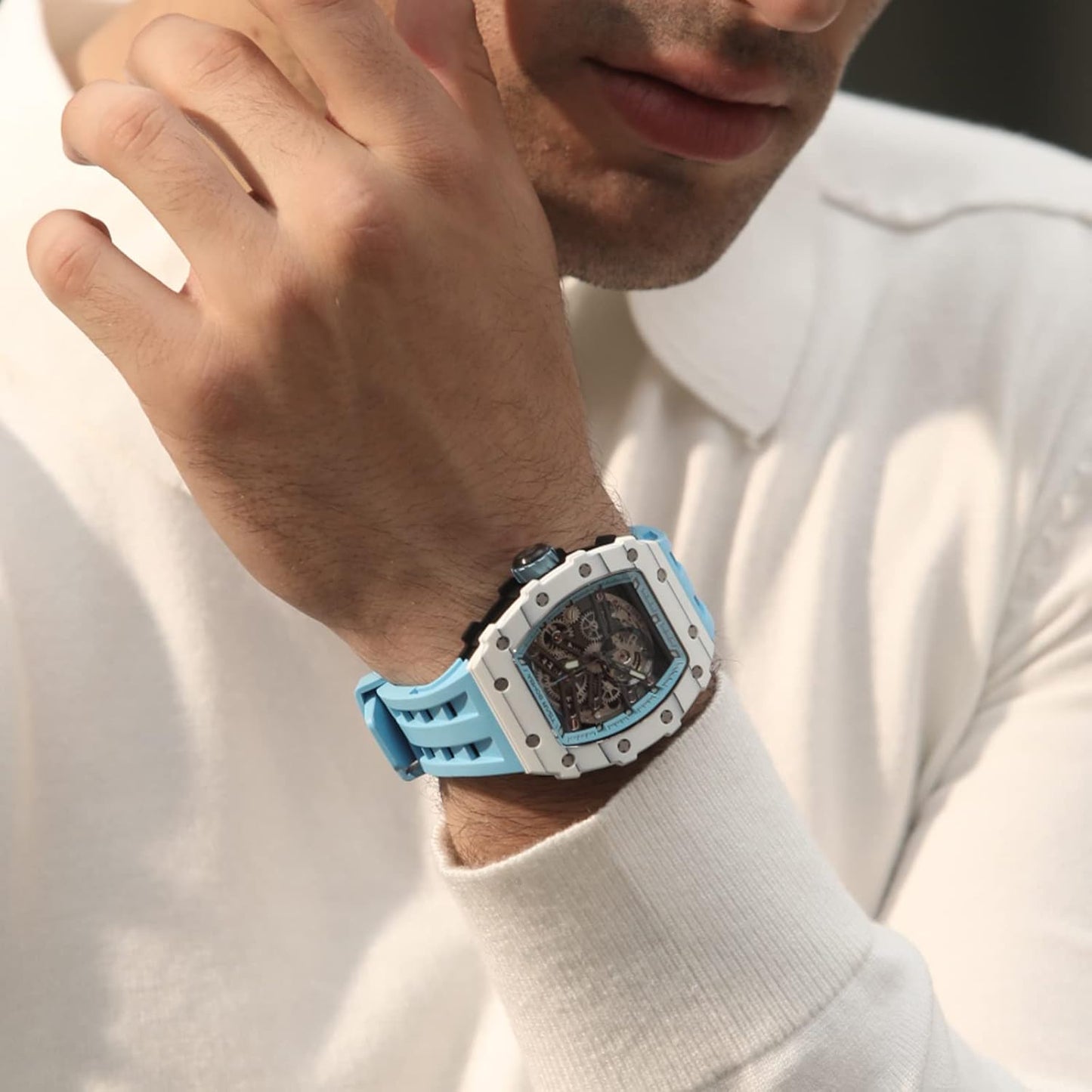 TSAR BOMBA Men's Automatic Watch Tonneau Luxury Skeleton Watches for Men Mechanical 50M Waterproof Analogue Watches Mens Unique Cool Silver Square Big Face Dial Wristwatch with Silicone Strap Band