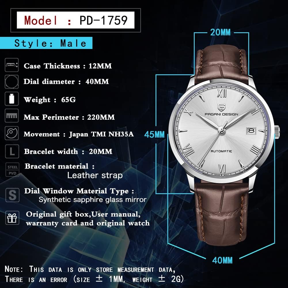 Pagani Design 1759 Automatic Men's Watches Fashion Dress Self-Winding Watch Leather Strap 100 m Waterproof Casual Style