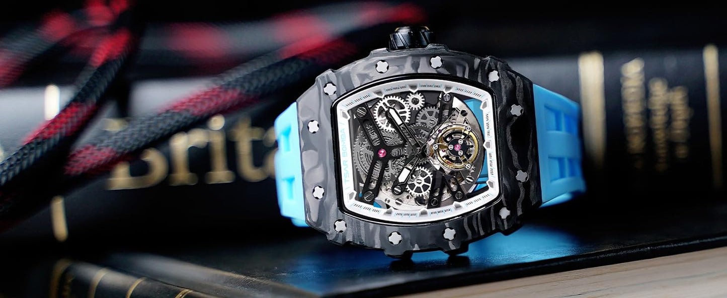 TSAR BOMBA Men's Automatic Watch Tonneau Luxury Skeleton Watches for Men Mechanical 50M Waterproof Analogue Watches Mens Unique Cool Silver Square Big Face Dial Wristwatch with Silicone Strap Band