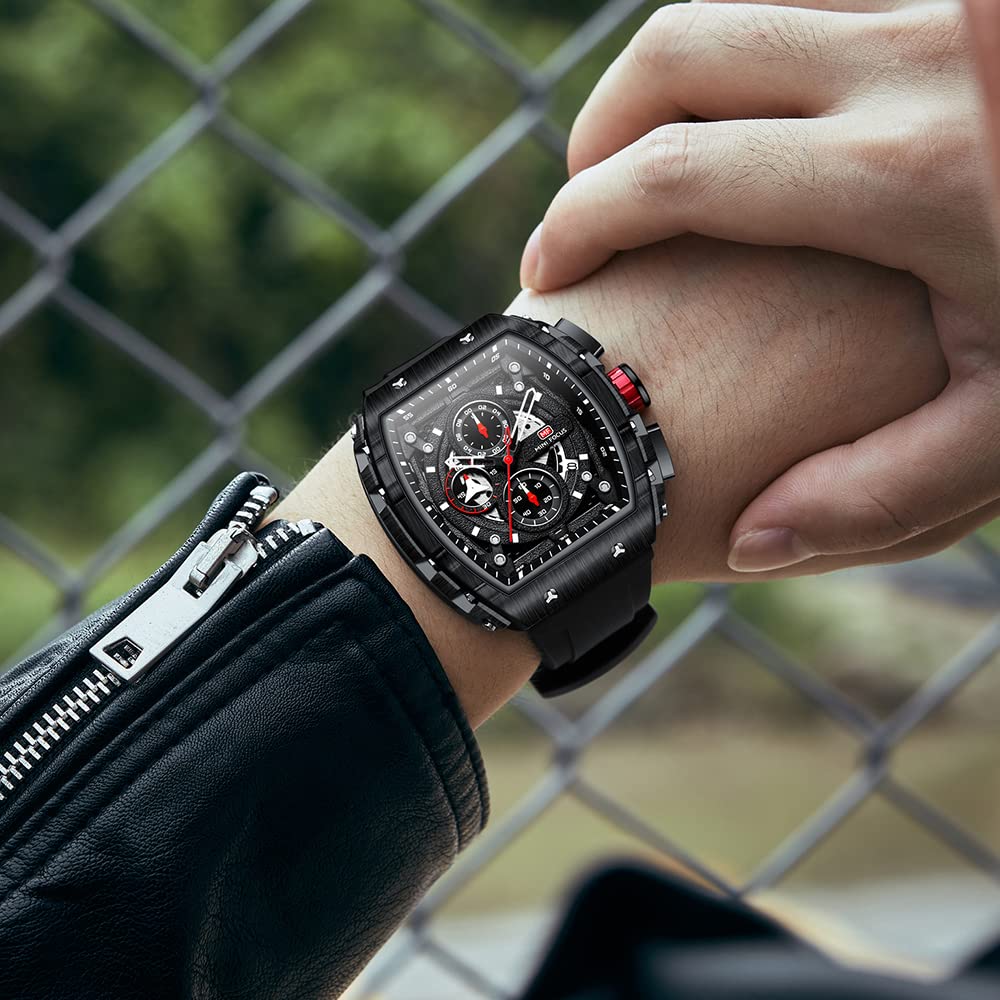 Watches for Men Luxury Skeleton Tonneau Watch for Men Waterproof Adjustable Silicone Strap Steampunk Style Chronograph Calendar Date Business Luminous Cool Large Square Face Wristwatch