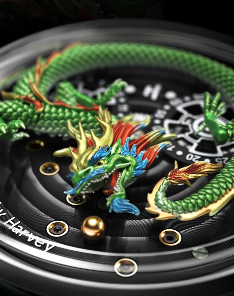 Men's Mechanical Automatic Watch 24K Gold 3D Dragon Dial Skeleton Watch Luminous Waterproof Luxury Men's Wristwatch Popular, green