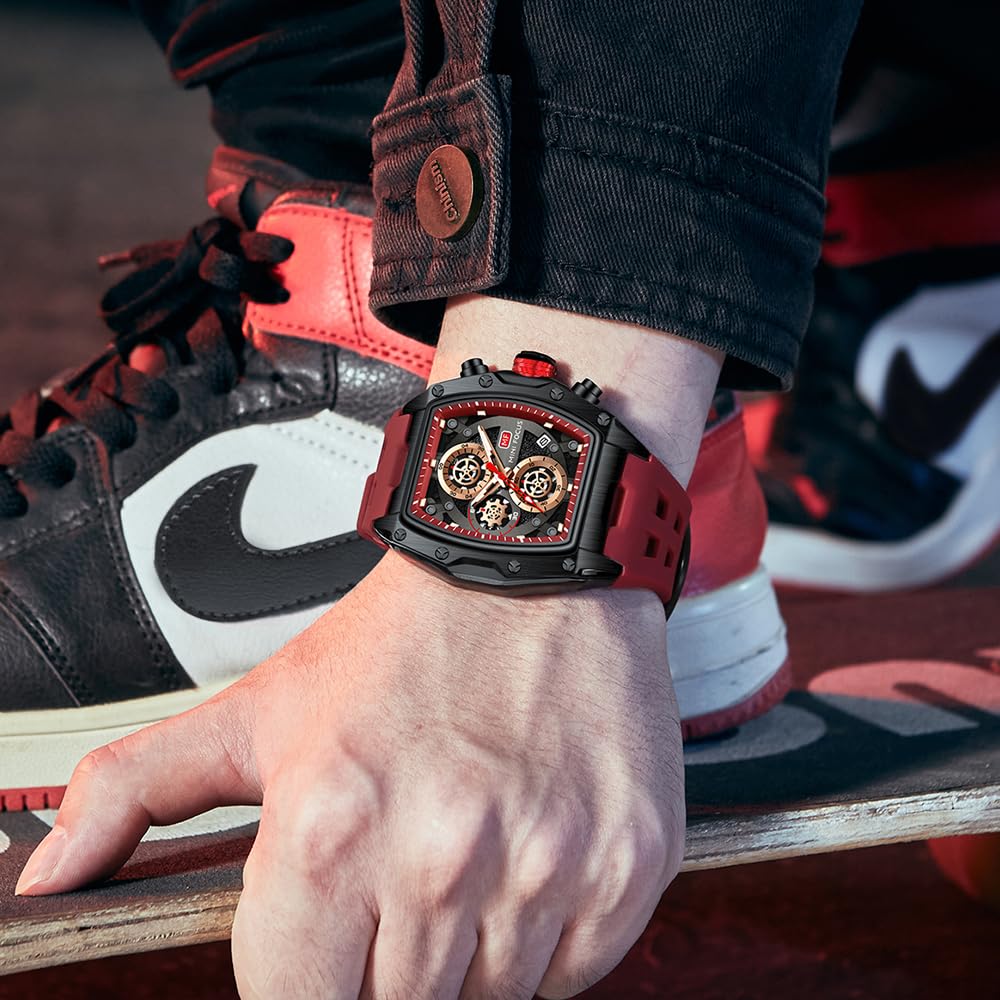 Watches for Men Luxury Skeleton Tonneau Watch for Men Waterproof Adjustable Silicone Strap Steampunk Style Chronograph Calendar Date Business Luminous Cool Large Square Face Wristwatch