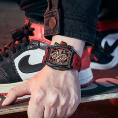 Watches for Men Luxury Skeleton Tonneau Watch for Men Waterproof Adjustable Silicone Strap Steampunk Style Chronograph Calendar Date Business Luminous Cool Large Square Face Wristwatch