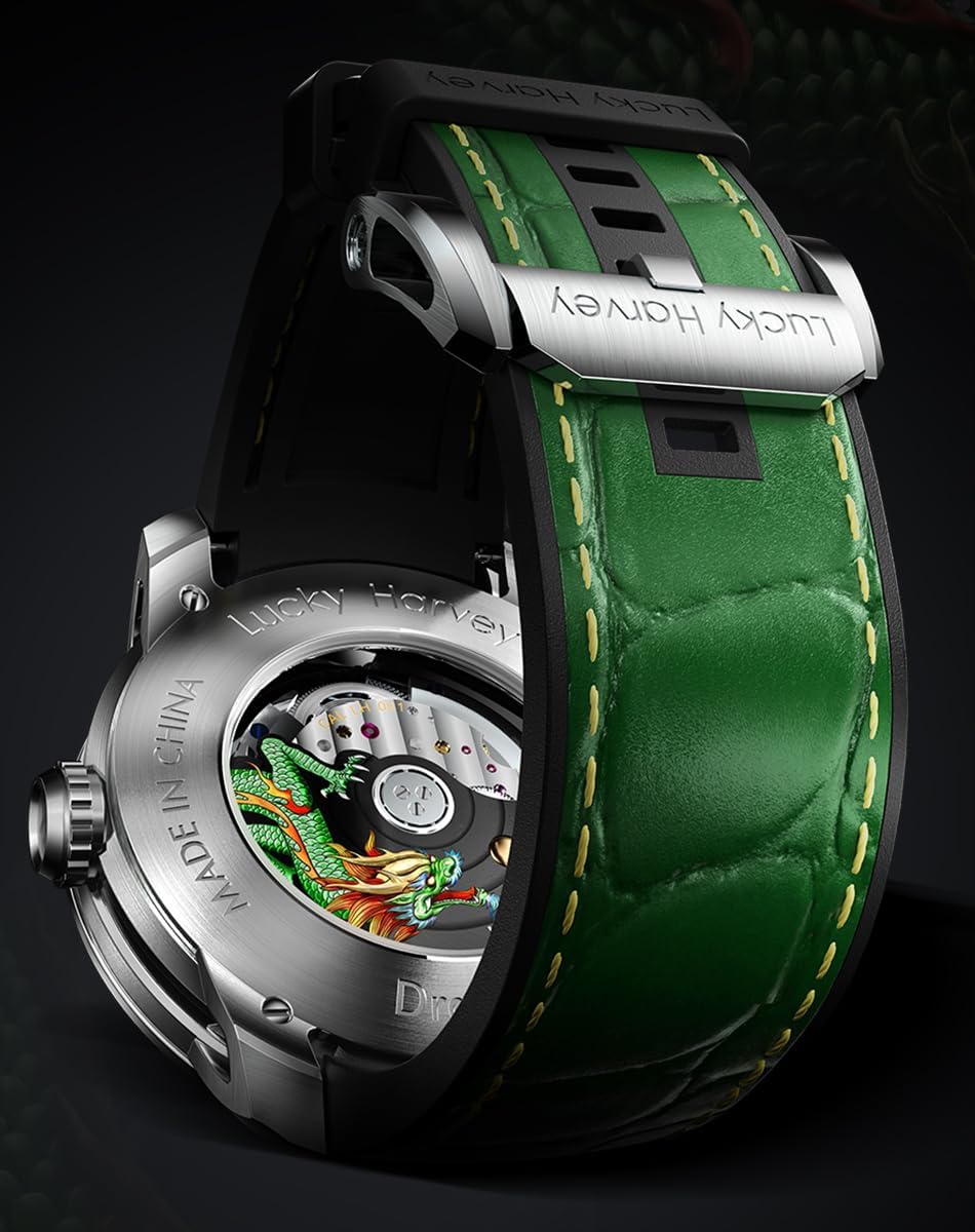 Men's Mechanical Automatic Watch 24K Gold 3D Dragon Dial Skeleton Watch Luminous Waterproof Luxury Men's Wristwatch Popular, green