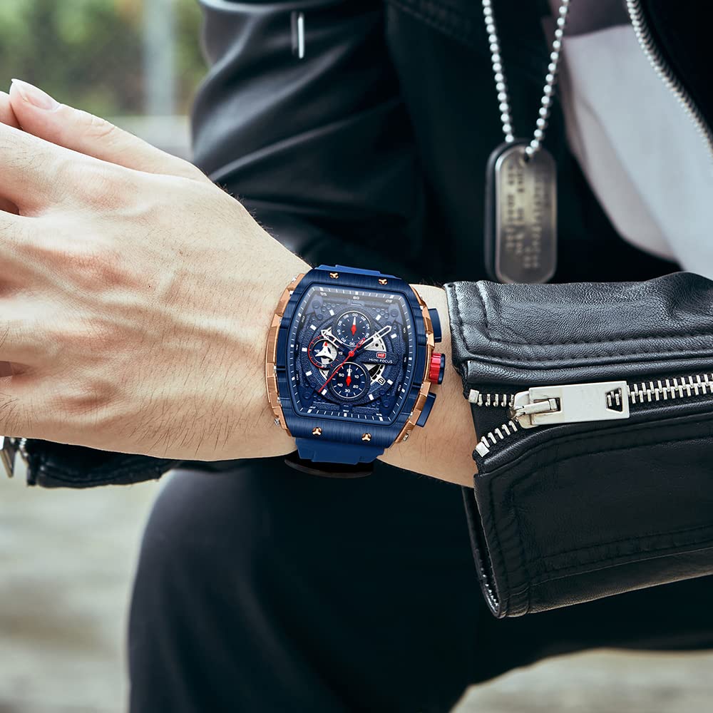 Watches for Men Luxury Skeleton Tonneau Watch for Men Waterproof Adjustable Silicone Strap Steampunk Style Chronograph Calendar Date Business Luminous Cool Large Square Face Wristwatch