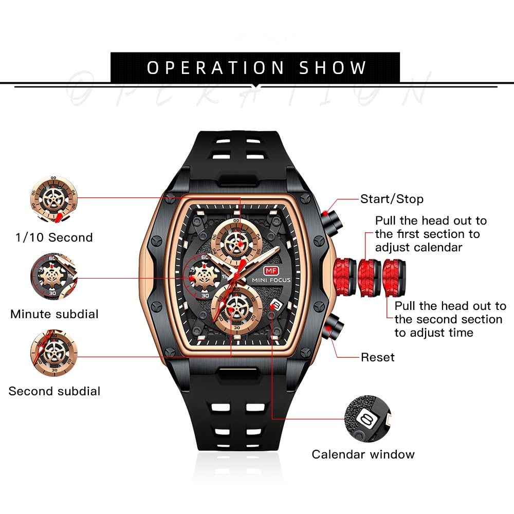 Watches for Men Luxury Skeleton Tonneau Watch for Men Waterproof Adjustable Silicone Strap Steampunk Style Chronograph Calendar Date Business Luminous Cool Large Square Face Wristwatch