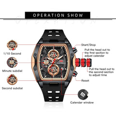 Watches for Men Luxury Skeleton Tonneau Watch for Men Waterproof Adjustable Silicone Strap Steampunk Style Chronograph Calendar Date Business Luminous Cool Large Square Face Wristwatch