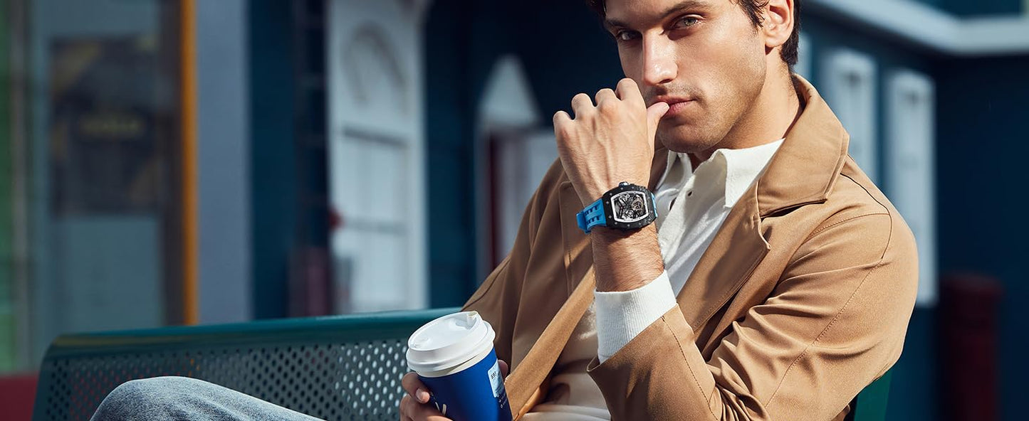 TSAR BOMBA Men's Automatic Watch Tonneau Luxury Skeleton Watches for Men Mechanical 50M Waterproof Analogue Watches Mens Unique Cool Silver Square Big Face Dial Wristwatch with Silicone Strap Band