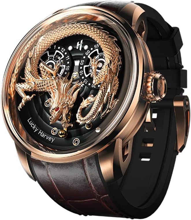 Men's Mechanical Automatic Watch 24K Gold 3D Dragon Dial Skeleton Watch Luminous Waterproof Luxury Men's Wristwatch Popular, green