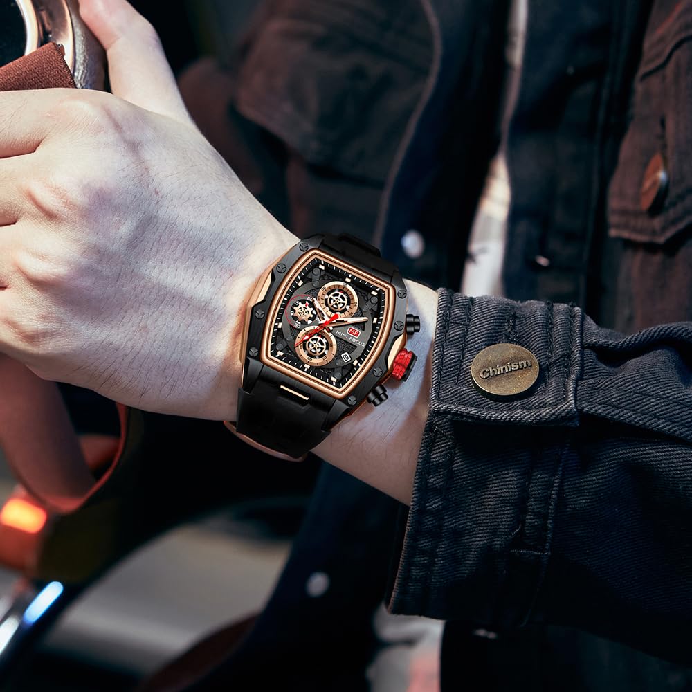 Watches for Men Luxury Skeleton Tonneau Watch for Men Waterproof Adjustable Silicone Strap Steampunk Style Chronograph Calendar Date Business Luminous Cool Large Square Face Wristwatch