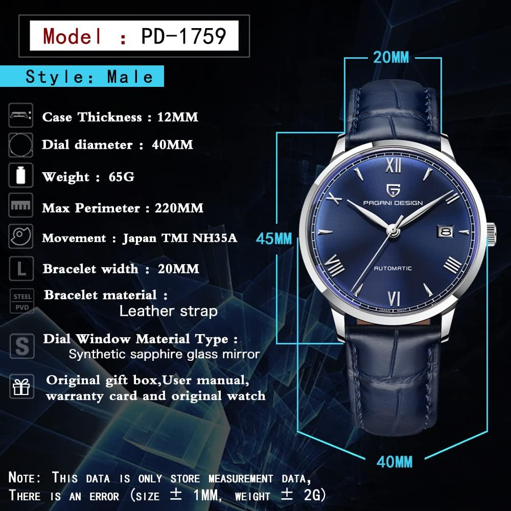 Pagani Design 1759 Automatic Men's Watches Fashion Dress Self-Winding Watch Leather Strap 100 m Waterproof Casual Style
