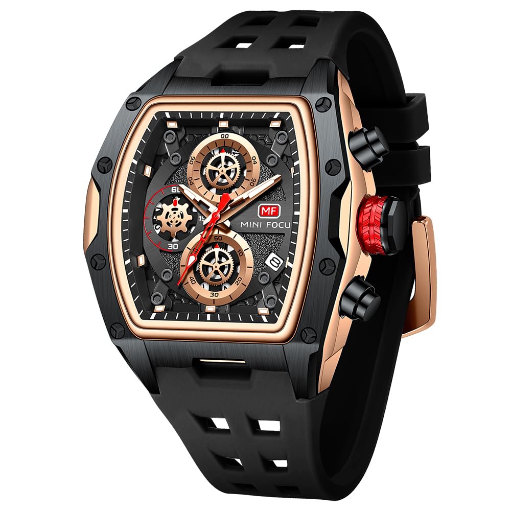 Watches for Men Luxury Skeleton Tonneau Watch for Men Waterproof Adjustable Silicone Strap Steampunk Style Chronograph Calendar Date Business Luminous Cool Large Square Face Wristwatch
