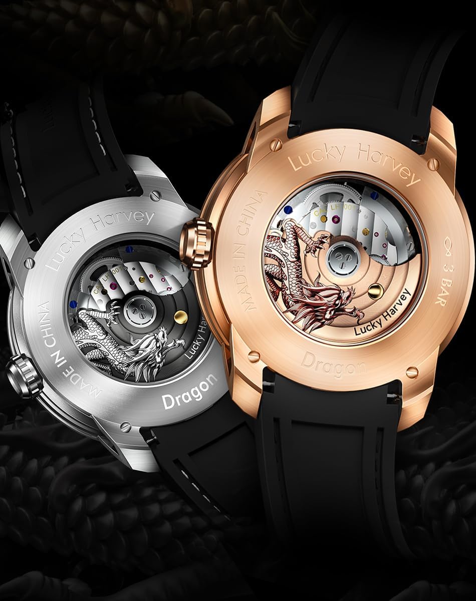 Men's Mechanical Automatic Watch 24K Gold 3D Dragon Dial Skeleton Watch Luminous Waterproof Luxury Men's Wristwatch Popular, green