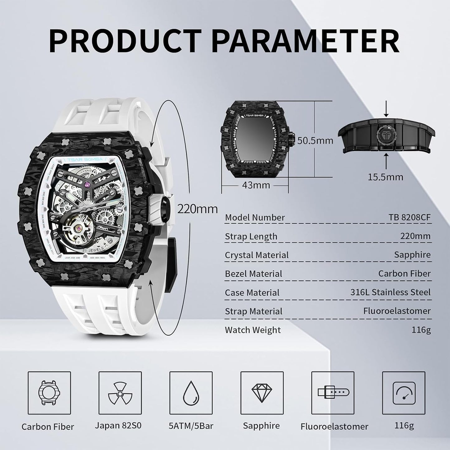 TSAR BOMBA Men's Automatic Watch Tonneau Luxury Skeleton Watches for Men Mechanical 50M Waterproof Analogue Watches Mens Unique Cool Silver Square Big Face Dial Wristwatch with Silicone Strap Band