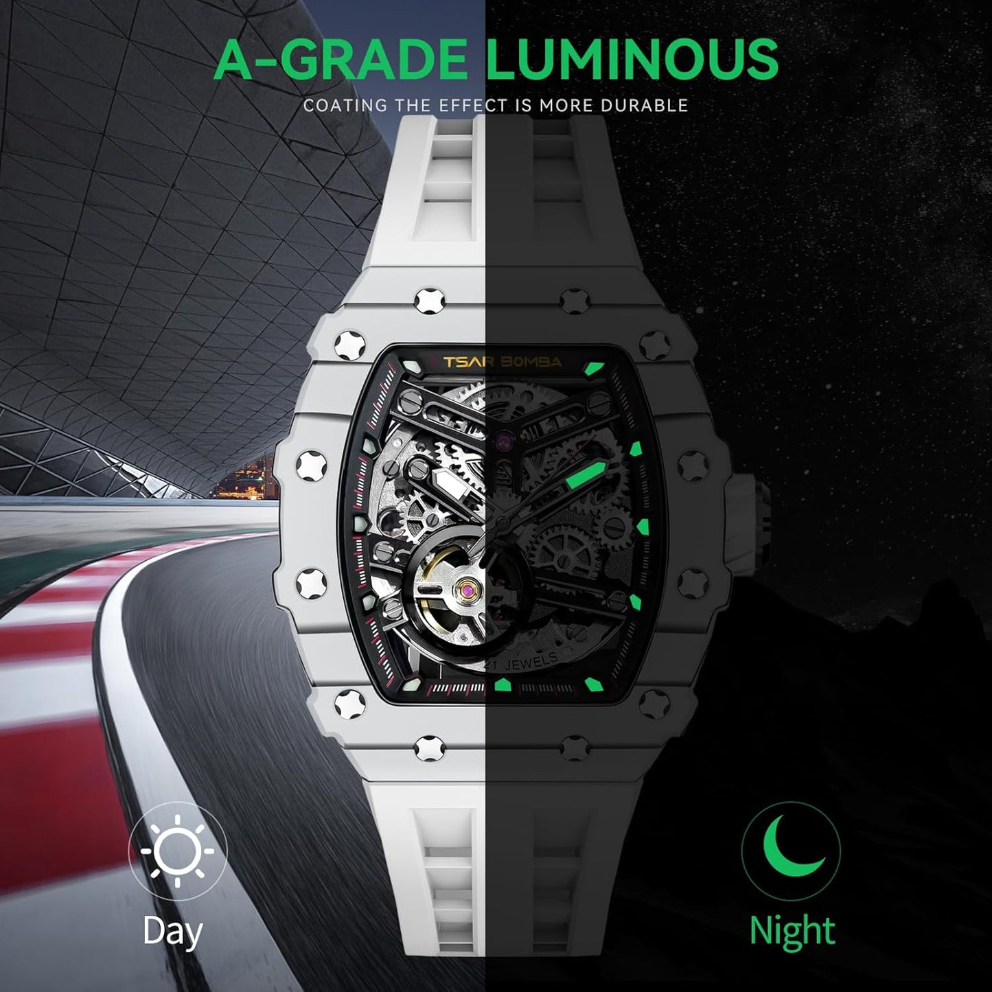 TSAR BOMBA Men's Automatic Watch Tonneau Luxury Skeleton Watches for Men Mechanical 50M Waterproof Analogue Watches Mens Unique Cool Silver Square Big Face Dial Wristwatch with Silicone Strap Band