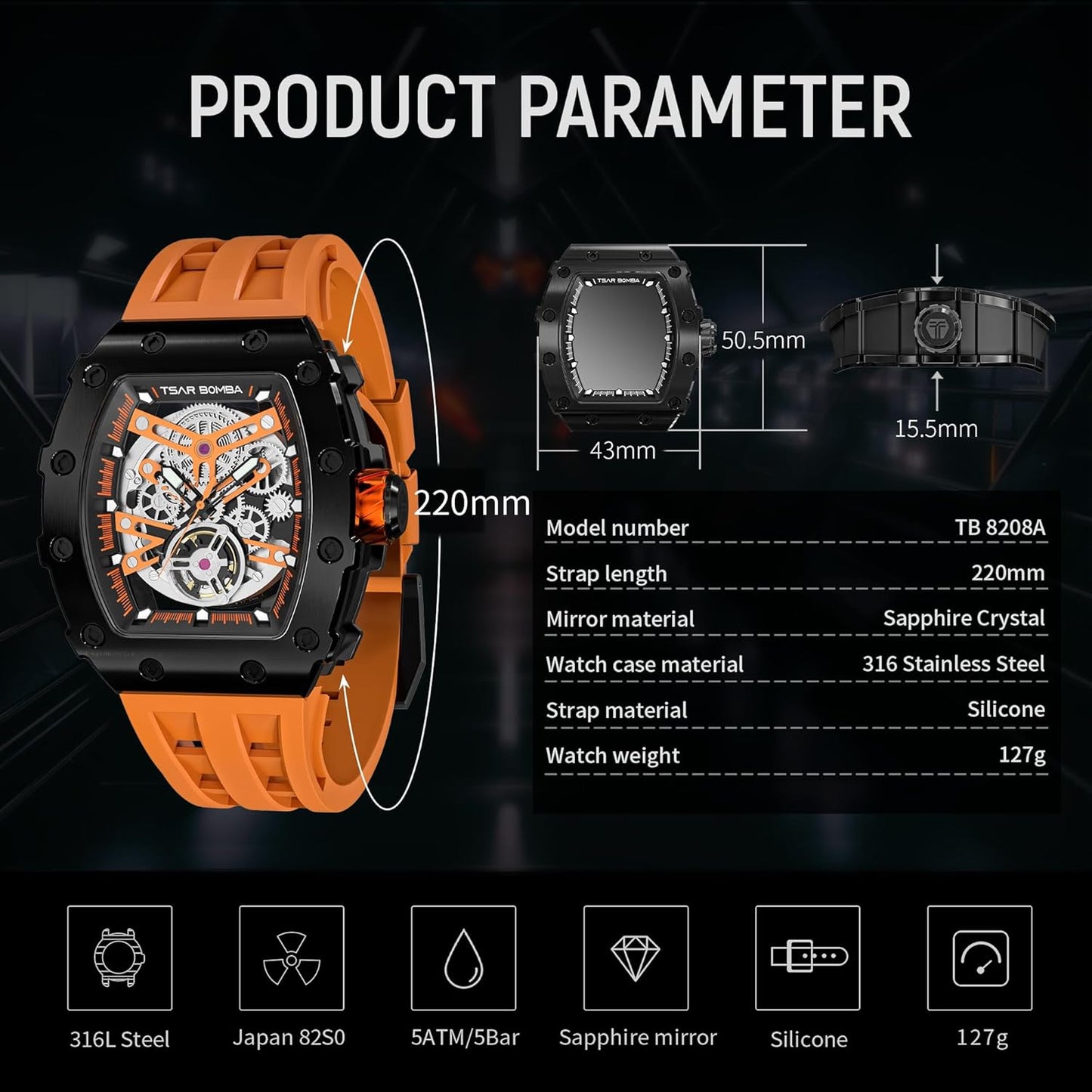 TSAR BOMBA Men's Automatic Watch Tonneau Luxury Skeleton Watches for Men Mechanical 50M Waterproof Analogue Watches Mens Unique Cool Silver Square Big Face Dial Wristwatch with Silicone Strap Band